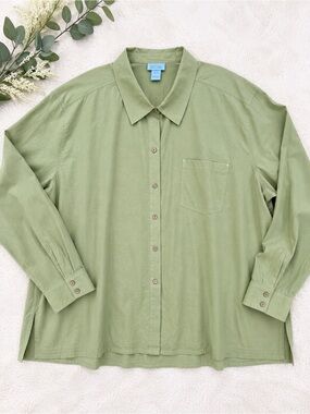 SO Blue by Sigrid Olsen Sage Green 100% Cotton Button-Down Shirt 3X